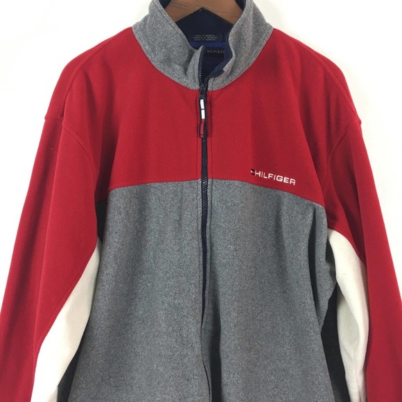 VTG Tommy Hilfiger Jacket Mens XXL Red Gray Fleece Full Zip Embroidered Logo YTK - Picture 8 of 13